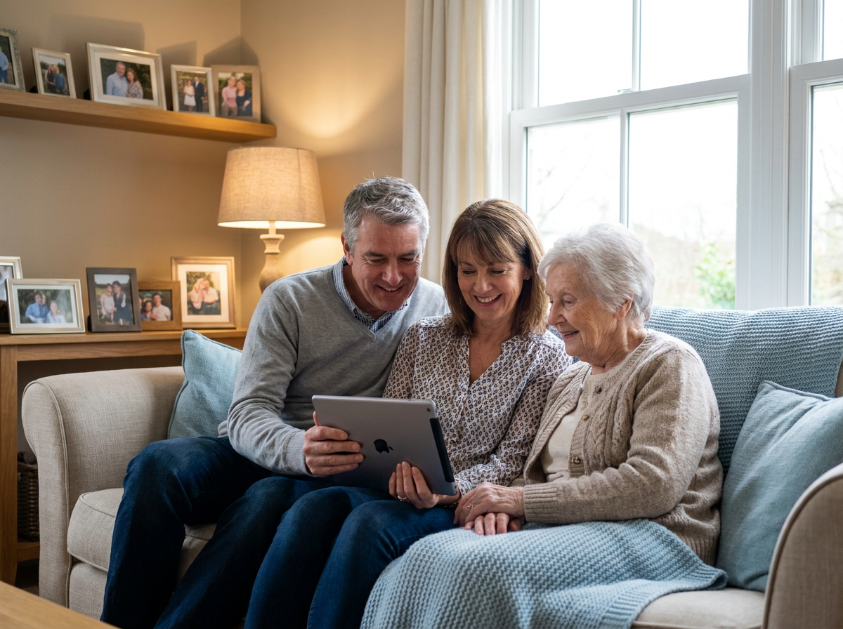 A family sitting with an elderly relative, looking at a tablet together
